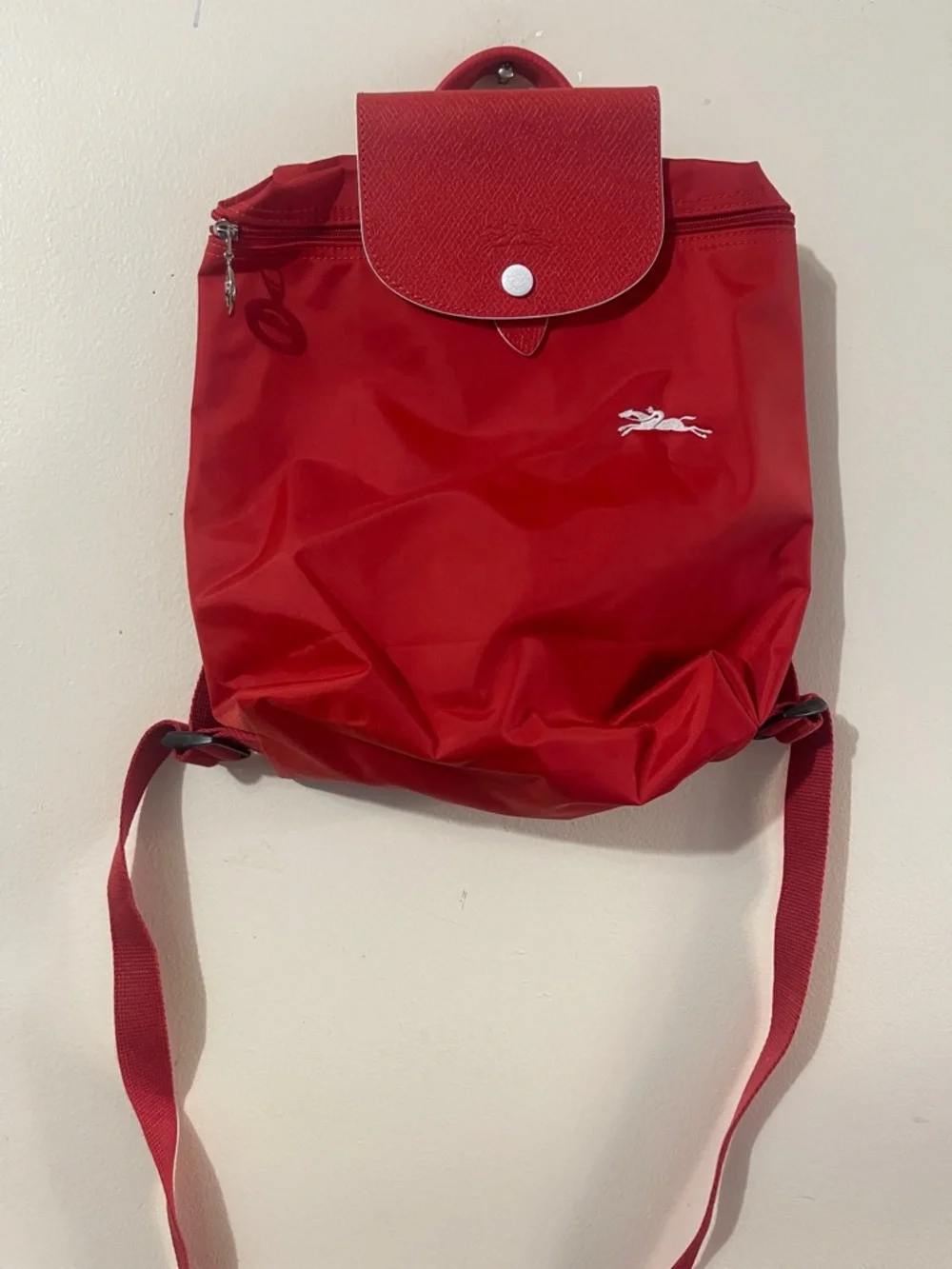 Longchamp Red Nylon Small Backpack with Silver Horse Emblem